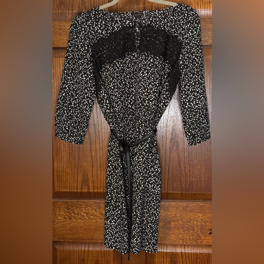 Ann Taylor Dress Women Medium Geometric Specks Black Belt Lace Keyhole